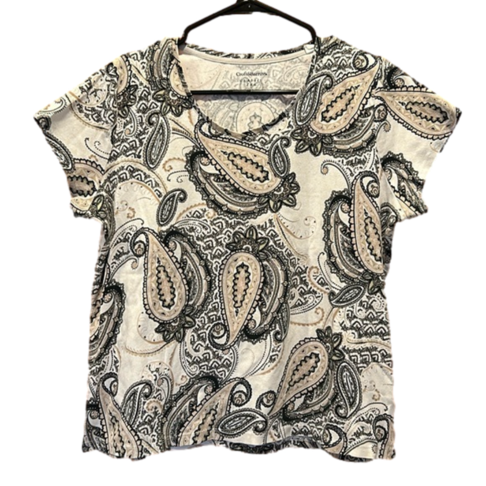 Croft & Barrow V Neck Classic Tee White and Tan Paisley Pattern TShirt Size XL